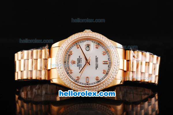 Rolex Day Date II Automatic Movement Full Rose Gold with Double Row Diamond Bezel-Diamond Markers and White MOP Dial - Click Image to Close